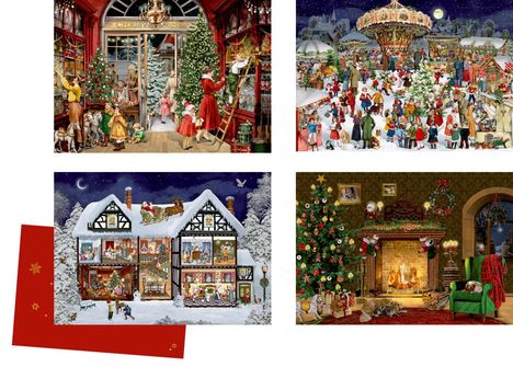 Oben links: "CHRISTMAS SHOP". Oben rechts: ein festlicher Markt. Unten links: ein geschmücktes Haus in Winterlandschaft. Unten rechts: wohnliches Kaminzimmer.