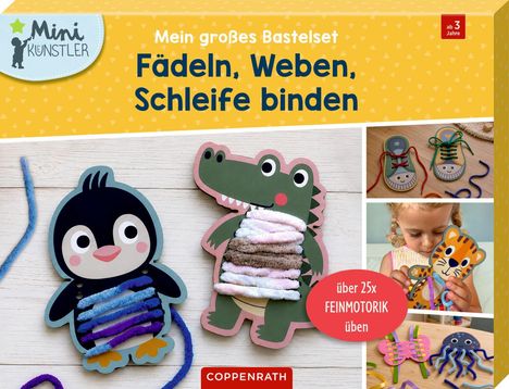 "Fädeln, Weben, Schleife binden"; "über 25x FEINMOTORIK üben". Mini Künstler-Logo. Bastelset für Kinder ab 3 Jahren.