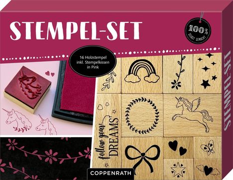 "STEMPEL-SET" und "16 Holzstempel inkl. Stempelkissen in Pink". Verschiedene Stempeldesigns wie Einhorn und Regenbogen.
