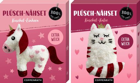 Links „Plüsch-Nähset Kuschel-Einhorn“, rechts „Plüsch-Nähset Kuschel-Katze“. Beide extra weich. Beide mit Abbildung eines Plüschtieres.