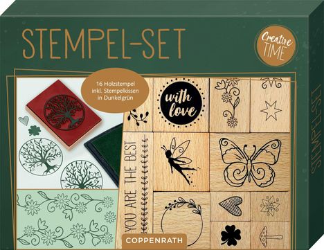 "STEMPEL-SET", "16 Holzstempel inkl. Stempelkissen in Dunkelgrün", "with love", "YOU ARE THE BEST". Holzstempel mit Motiven.