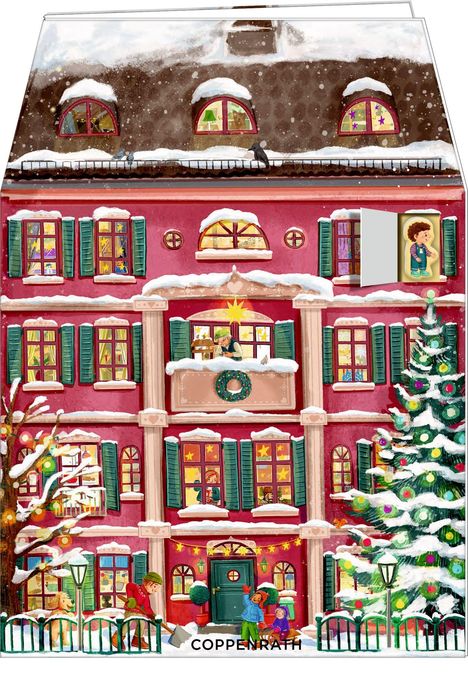 Ein rotes, festlich geschmücktes Haus mit Schnee, Weihnachtsbaum, Kindern und einem Mann, der Schnee schippt.