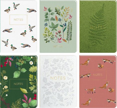 "NOTES" auf Notizbüchern mit Enten, botanischen Mustern, Farnen, Beeren und Füchsen in verschiedenen Designs.