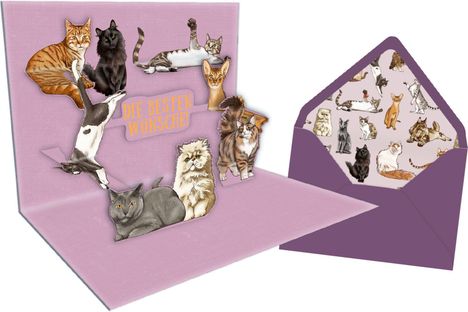"Die besten Wünsche!" steht auf einer Karte mit Katzenillustrationen, daneben ein Umschlag mit ähnlichem Katzendesign.