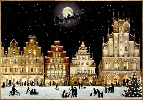 Illustration einer winterlichen Stadt, schneebedeckte Gebäude, Menschen auf Straßen, Weihnachtsbaum, Schlitten im Nachthimmel.
