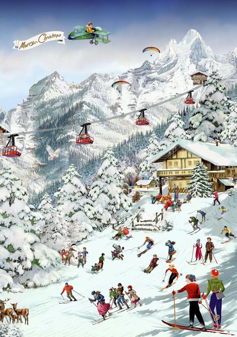 „Merry Christmas“ auf einem Banner hinter einem Flugzeug. Winterszene mit Skifahrern, Seilbahn und verschneiten Bergen.