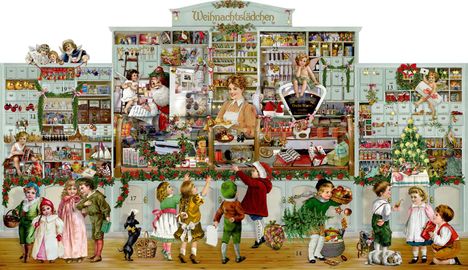 Weihnachtslädchen; Zahlen, Kinder, Engel, bunte Weihnachtsdekorationen, Geschenke, Adventskalender-Illustration mit Vintage-Stil.