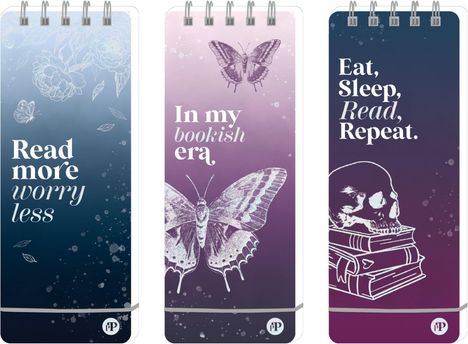 Drei illustrierte Notizbücher. Links: "Read more worry less." Mitte: "In my bookish era." Rechts: "Eat, Sleep, Read, Repeat."