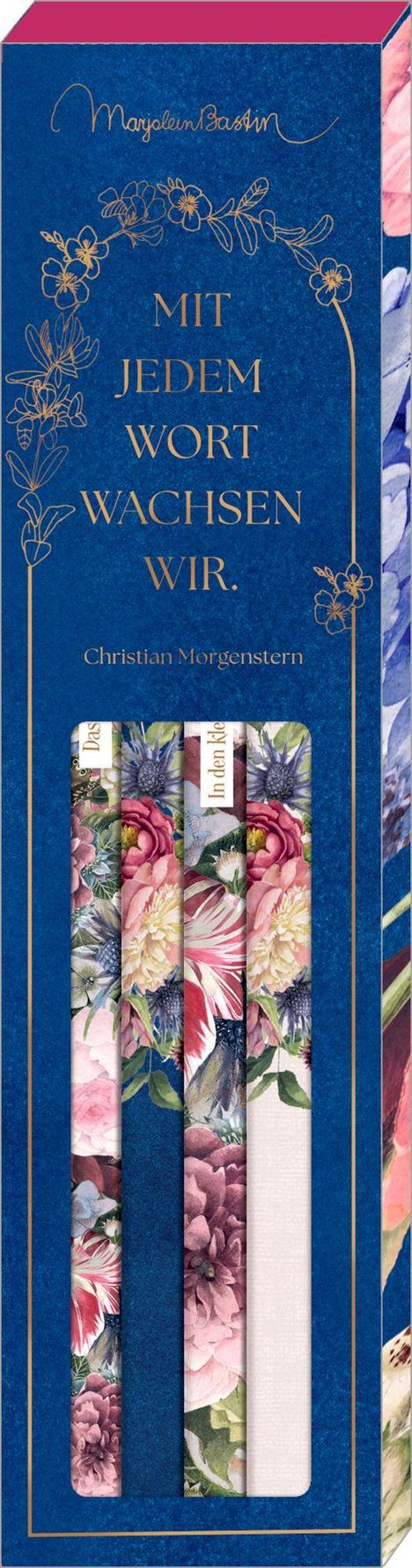 "Mit jedem Wort wachsen wir. Christian Morgenstern." 
Illustration: Blumenmuster auf blauen Bleistiftverpackungen.
