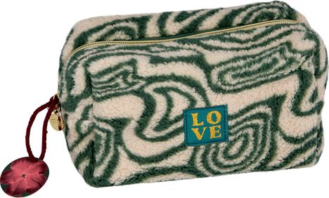Text: "LOVE" in Gold auf grünem Hintergrund. Flauschige Tasche mit grün-weißem, wirbelndem Muster und goldenem Reißverschluss.