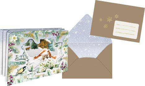 Brauner Umschlag mit Schneeflocken. Winterliche Karte mit Eichhörnchen und Vögeln in verschneiter Landschaft.