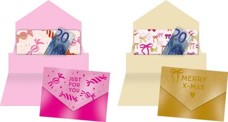 Links steht "JUST FOR YOU" auf einem glitzernden Umschlag, rechts "MERRY X-MAS" auf einem goldenen Umschlag.