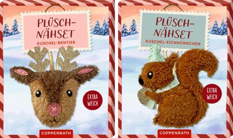 Links: "Plüsch-Nähset Kuschel-Rentier", brauner Plüschkopf mit rosa Ohren. Rechts: "Plüsch-Nähset Kuschel-Eichhörnchen", oranger Plüschhase.