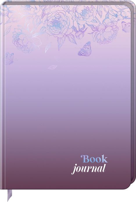 Text: "Book journal". Oben florales Muster mit Schmetterlingen, pastell-lila Hintergrund.