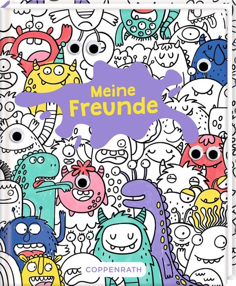 "Meine Freunde" auf lila Hintergrund. Viele bunte, fröhliche Monster mit großen Augen und unterschiedlichen Gesichtsausdrücken.