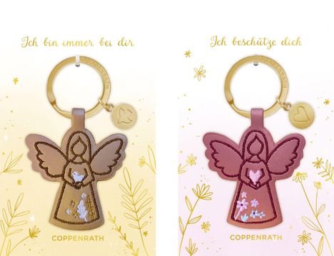 Links: "Ich bin immer bei dir", rechts: "Ich beschütze dich". Zwei Anhänger: Engelfiguren mit floralen Mustern.