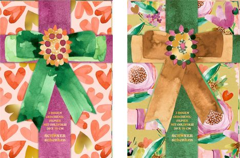 Links: "3 Bogen Geschenkpapier mit Goldfolie 50 x 70 cm Schöner schenken." Bunte Herzen, grünes Band.  
Rechts: Ähnliche Textur, florales Design, braunes Band.