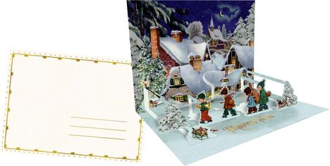 "Frohes Fest" ist auf dem Boden eines Winterdorfes geschrieben. Kinder mit Instrumenten stehen im Schnee, umgeben von geschmückten Häusern.