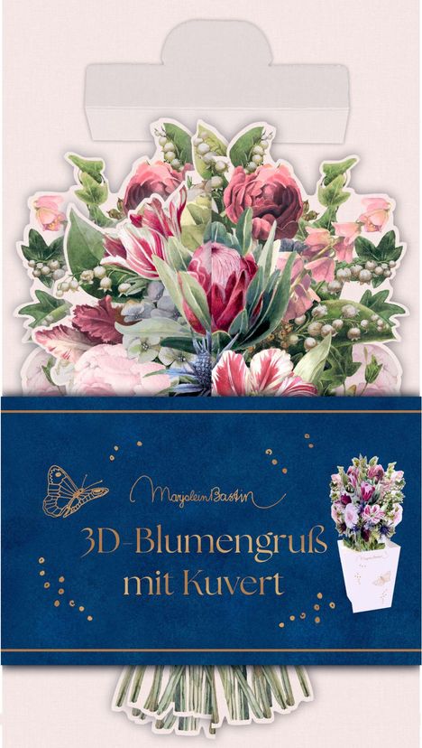 Text: "3D-Blumengruß mit Kuvert". Illustration: Ein Blumenarrangement mit roten und rosa Blüten, umgeben von grünem Laub.