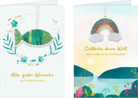 Links: „Alle guten Wünsche zur Erstkommunion“ mit grünem Fisch aus Pailletten. Rechts: „Entdecke deine Welt. Alles Liebe zur Erstkommunion“ mit Regenbogen und Landschaft.