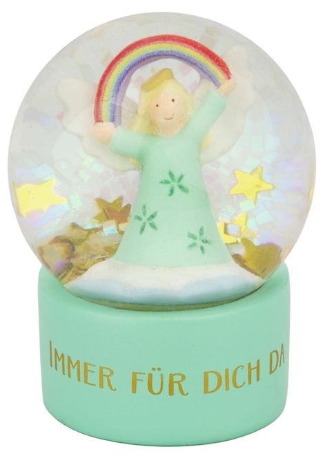Text: "IMMER FÜR DICH DA". Illustration einer Schneekugel mit Engel, Regenbogen und goldenen Sternen.
