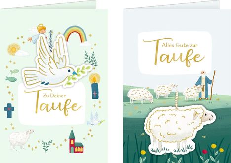 Links: "Zu Deiner Taufe" mit Taube und Engelsfigur. Rechts: "Alles Gute zur Taufe" auf grüner Wiese mit Schafen und Hirten.
