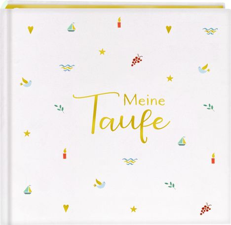 Text: "Meine Taufe". 
Hintergrund: Weiße Fläche mit kleinen Symbolen wie Kerzen, Tauben, Sternen und Segelbooten.