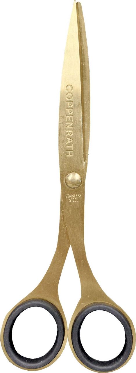 Der Text „COPPENRATH“ und „STAINLESS STEEL“ steht auf einer goldenen Schere mit schwarzen Griffen.