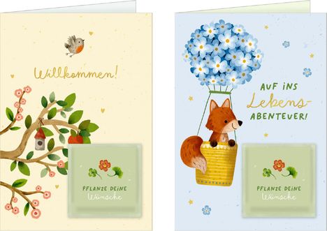 Links: "Willkommen!" mit Vogel auf Baum. Rechts: "Auf ins Lebensabenteuer!" mit Fuchs im Ballon. Beide mit "Pflanze deine Wünsche".