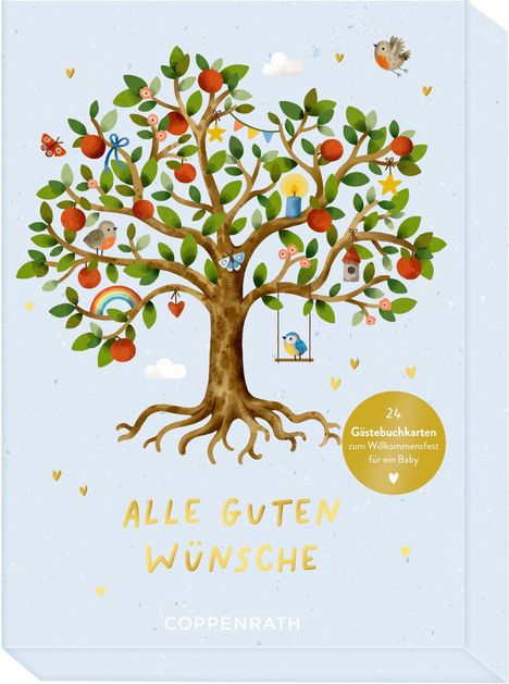 "Alle guten Wünsche" steht unter einem bunt verzierten Baum mit Vögeln, Kerze und Regenbogen.
