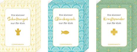 Drei Pakete mit Texten: "Ein kleiner Schutzengel", "Ein kleiner Glücksfisch" und "Ein kleiner Kraftspender".
