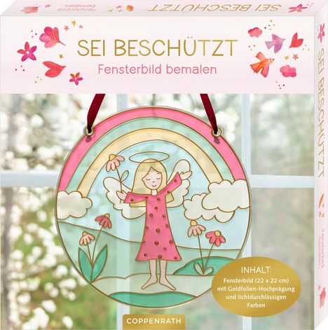 "SEI BESCHÜTZT. Fensterbild bemalen. Inhalt: Fensterbild (22x22 cm) mit Goldfolien-Hochprägung." 

Ein Engel vor einem Regenbogen.