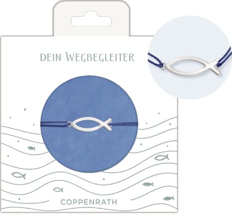 "DEIN WEGBEGLEITER" und "COPPENRATH" stehen auf der Verpackung. Es zeigt ein Armband mit einem Fischsymbol auf blauem Hintergrund.