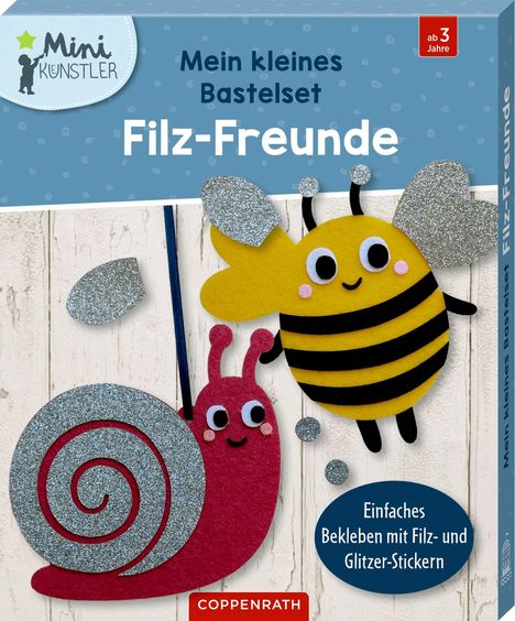 "Mein kleines Bastelset Filz-Freunde." Biene und Schnecke aus Filz glitzern. Ab 3 Jahre. Mini Künstler Logo.