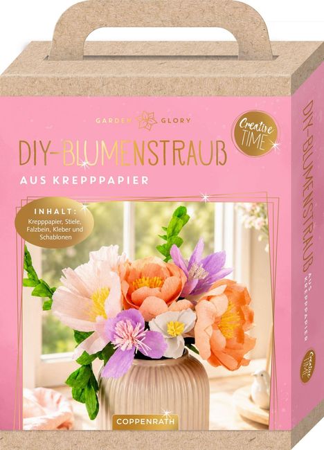 DIY-Blumenstrauß aus Krepppapier. Enthält Krepppapier, Stiele, Falzbein, Kleber, Schablonen. Buntes Blumenarrangement in Vase.