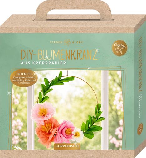 „DIY-Blumenkranz aus Krepppapier. Inhalt: Krepppapier, Falzbein, Metall-Ring, Kleber und Schablonen.” Rundes Kranzdesign.