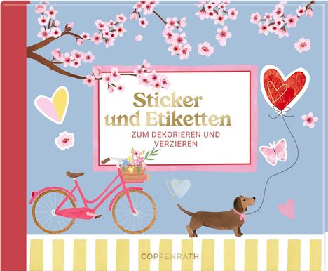"Sticker und Etiketten. Zum Dekorieren und Verzieren." Ein pinkes Fahrrad, ein Dackel, Blumen und Herzen auf blauem Hintergrund.