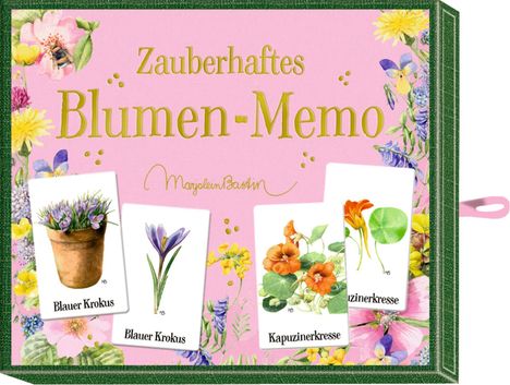 „Zauberhaftes Blumen-Memo“ in goldener Schrift vor rosa Hintergrund. Bunte Blumenkarten, darunter „Blauer Krokus“ und „Kapuzinerkresse“.