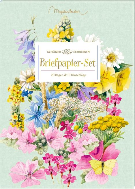 "Schöner Schreiben Briefpapier-Set: 20 Bogen & 10 Umschläge." Illustration bunter Blumen vor grünem Hintergrund.