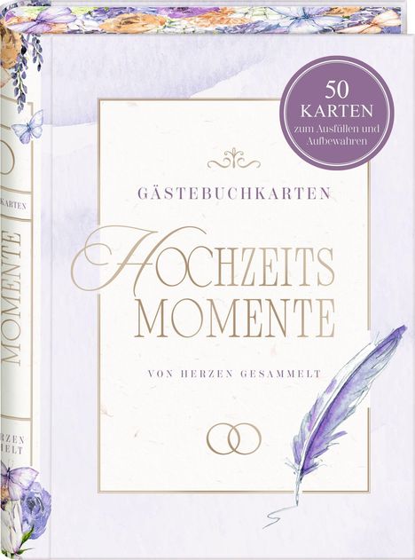 "Gästebuchkarten Hochzeitsmomente, von Herzen gesammelt, 50 Karten." Blumenmuster und Federn in Blau- und Violetttönen.