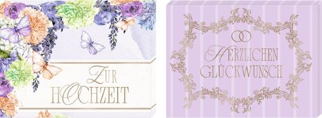 Links: "Zur Hochzeit", Blumen und Schmetterlinge. Rechts: "Herzlichen Glückwunsch" auf lila Hintergrund mit Verzierung.
