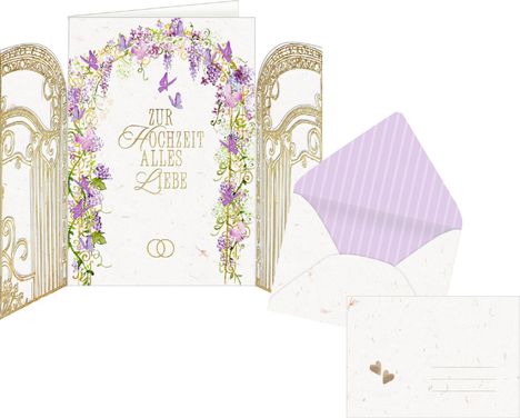 Zur Hochzeit alles Liebe. Karte mit lila Blumen und Schmetterlingen, Umschlag mit Streifen und zwei Herzen.