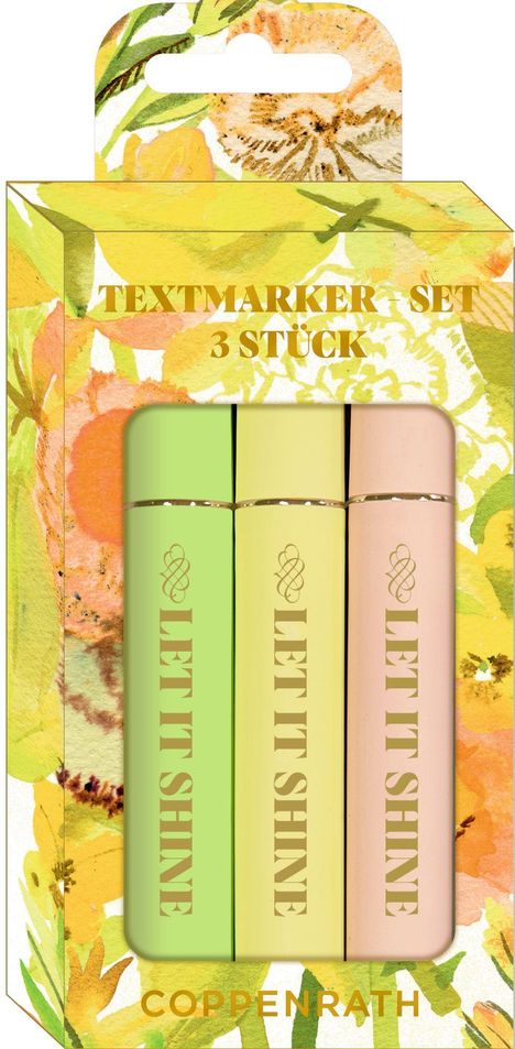 „TEXTMARKER – SET 3 STÜCK“, „LET IT SHINE“, „COPPENRATH“. Drei Textmarker, buntes florales Design.