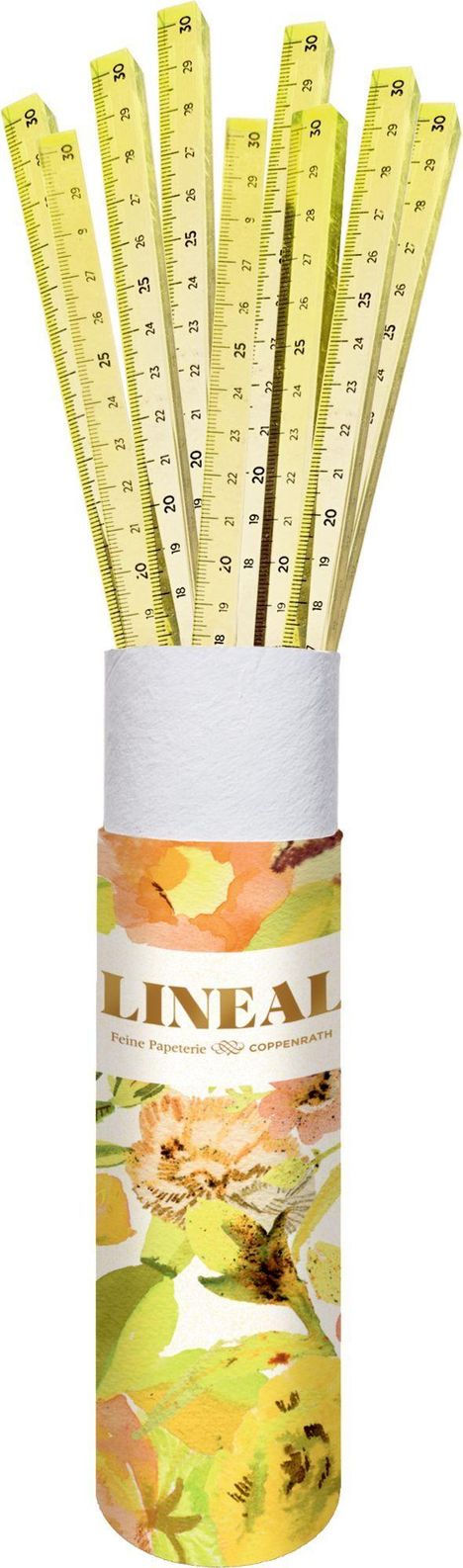 "LINEAL Feine Papeterie" auf einer farbenfrohen Verpackung. Darin stecken mehrere gelbe Lineale bis 30 cm.