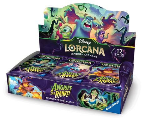 „Disney Lorcana Trading Card Game“ und „Angriff der Ranke!“. Illustration von Figuren aus Disney-Filmen.