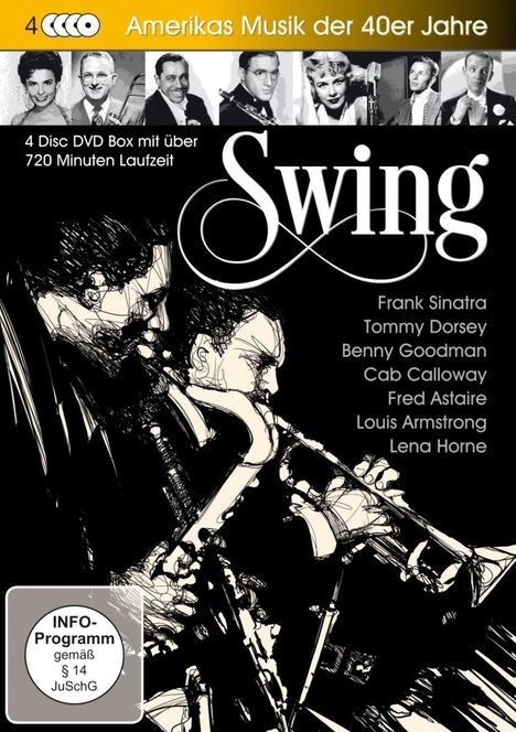 Text: "Swing", "Amerikas Musik der 40er Jahre", "Frank Sinatra", "Tommy Dorsey". Illustration von Musikern mit Instrumenten.