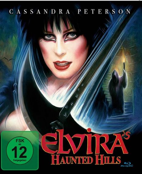 „Elvira's Haunted Hills“-Cover, zeigt eine Frau mit dramatischem Make-up und Umhang, FSK 12 Logo in der Ecke.
