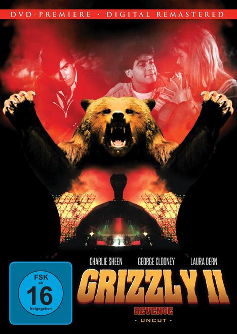 "GRIZZLY II REVENGE UNCUT" unten, Schauspielernamen darüber. Ein wütender Bär im Vordergrund, Konzertkulisse hinten.