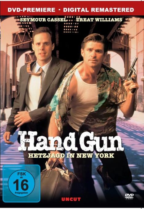 Titel: "Hand Gun – Hetzjagd in New York". Zwei Männer, einer mit Anzug, der andere bewaffnet, unter einer Brücke.