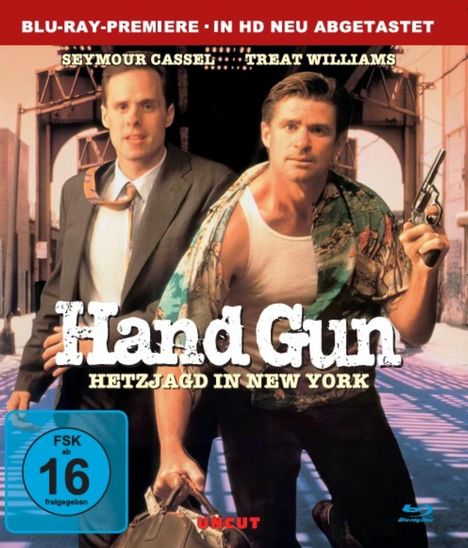 "Hand Gun: Hetzjagd in New York" steht groß und prominent auf einem Filmcover mit zwei Männern, einer hält eine Pistole.